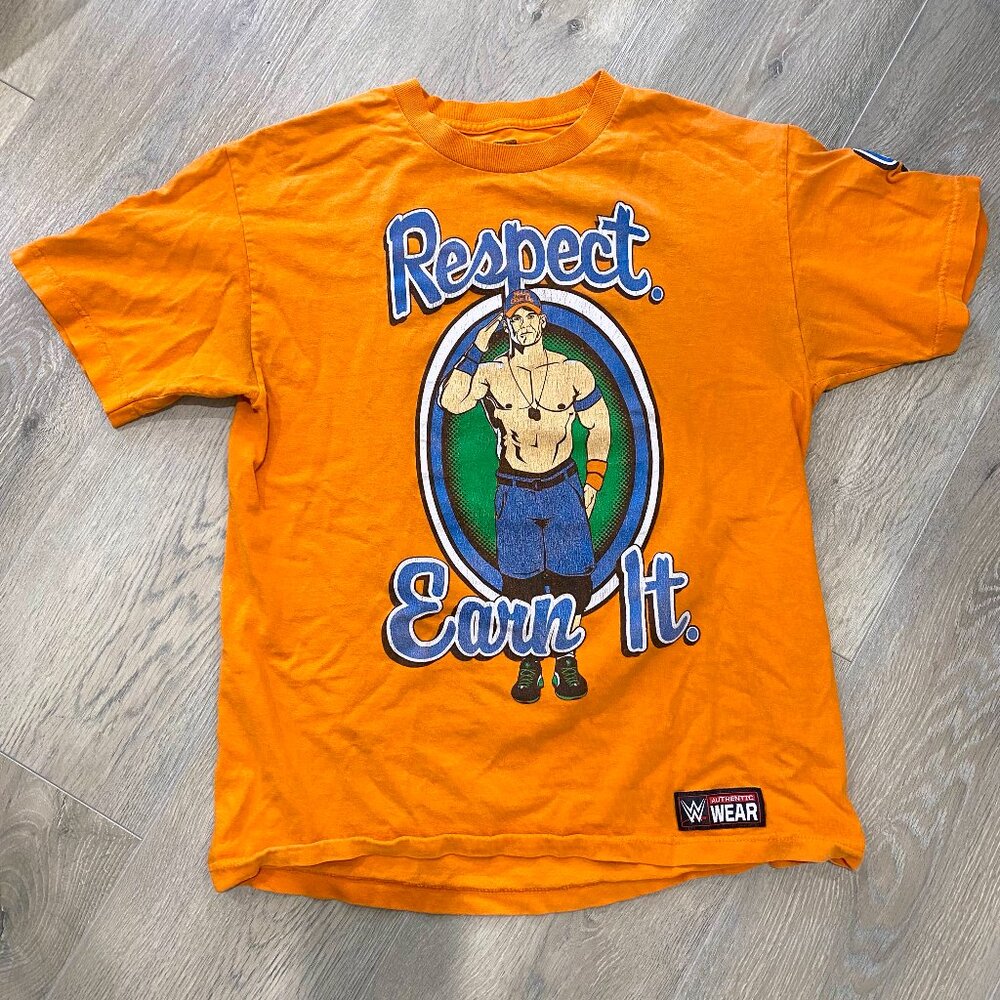 VTG WWE John Cena RESPECT EARN IT T-Shirt Size M US Orange Front & Back‎ Graphic